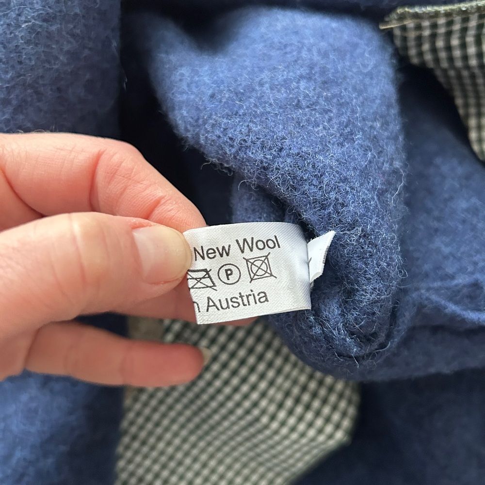 Handstrickerei Irmtraud Lanz Blue Wool Jacket Beige Trim Women’s L - Picture 14 of 16